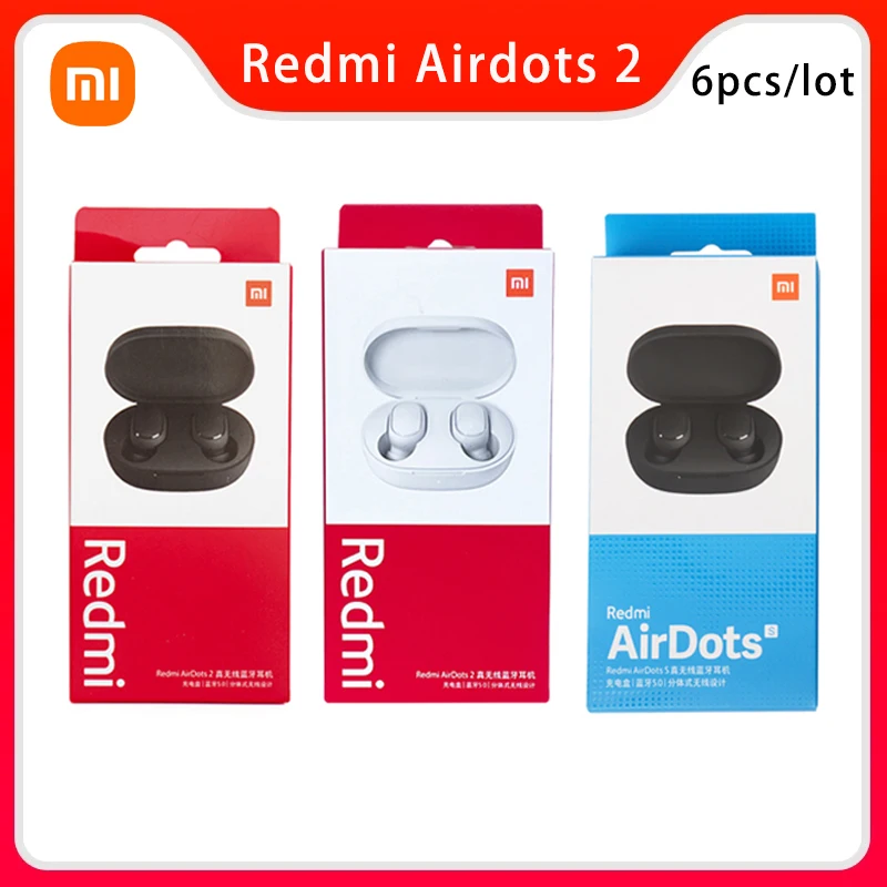 

6 Pieces original Xiaomi Airdots 2 TWS Bluetooth Earphone Stereo bass BT 5.0 headphones With Mic Handsfree Earbuds AI Control