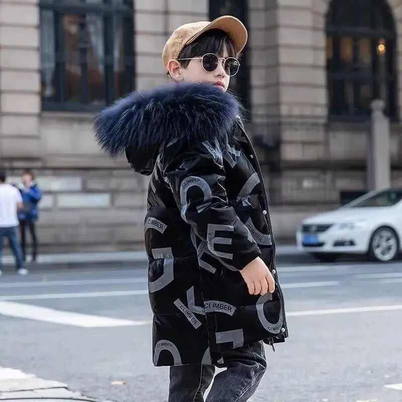 

-30℃ Winter New 5-14 Years Boys Jacket Long Letter Print Thick Warm Windproof Hooded Coat Fur Collar Down Cotton Outerwear