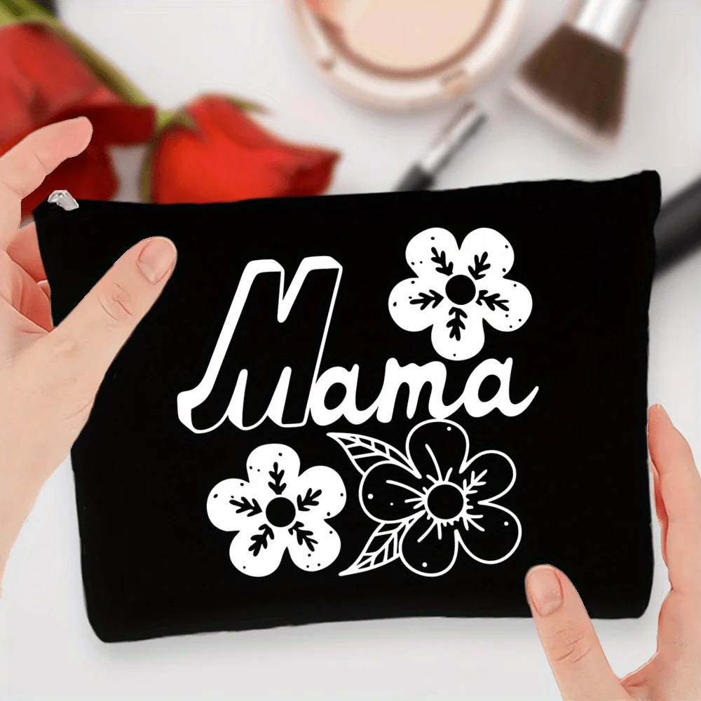 Mama Floral Printed Polyester Makeup Bag, Fashion Zipper Pouch for Travel, Dry Clean Cosmetic Bag for Mother'S Day, Birthday