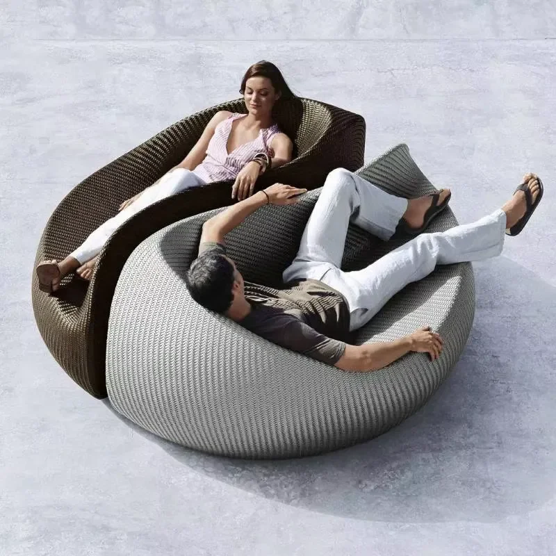 Modern Design Outdoor Round Rattan Leisure Chair Sofa Set and B&B Curved Lying Bed for Courtyard Sunscreen Garden Furniture