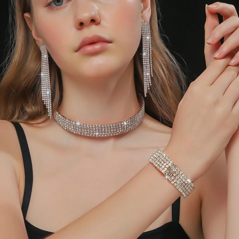 European and American Cross-Border Jewelry Multi-Row Rhinestone Necklace Earrings Bracelet3Fashionable Bridal Set Dress Accessor