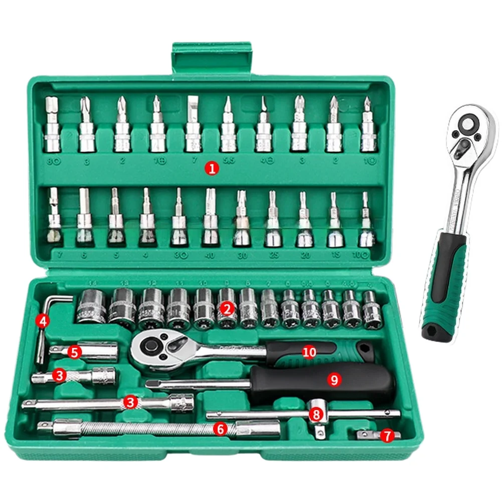 46 Piece 14 Inch Ratchet Wrench Set Duty Alloy Tool Kit With Reinforced Case For Professional Mechanics And DIY