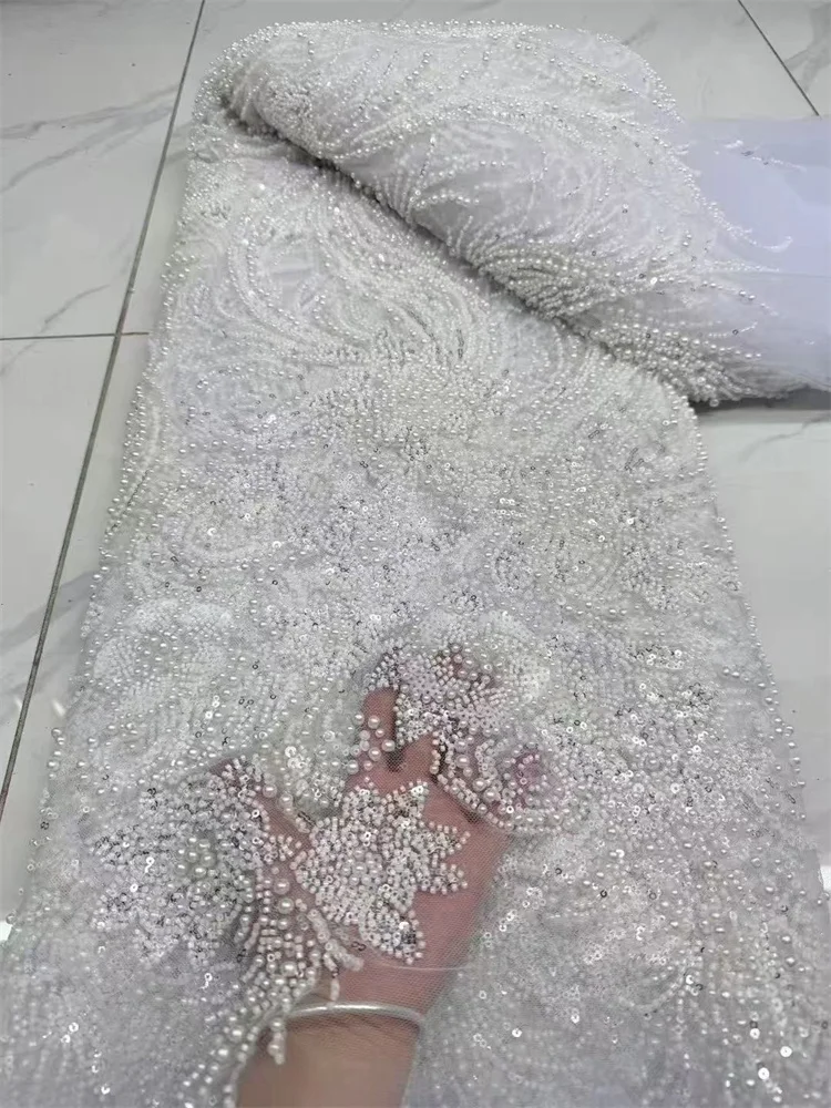 Green Luxury Handmade Heavy Beaded Mesh Lace Fabric French Sequins Tulle Lace Fabric For Women Party Dresses Fabric 5 Yard