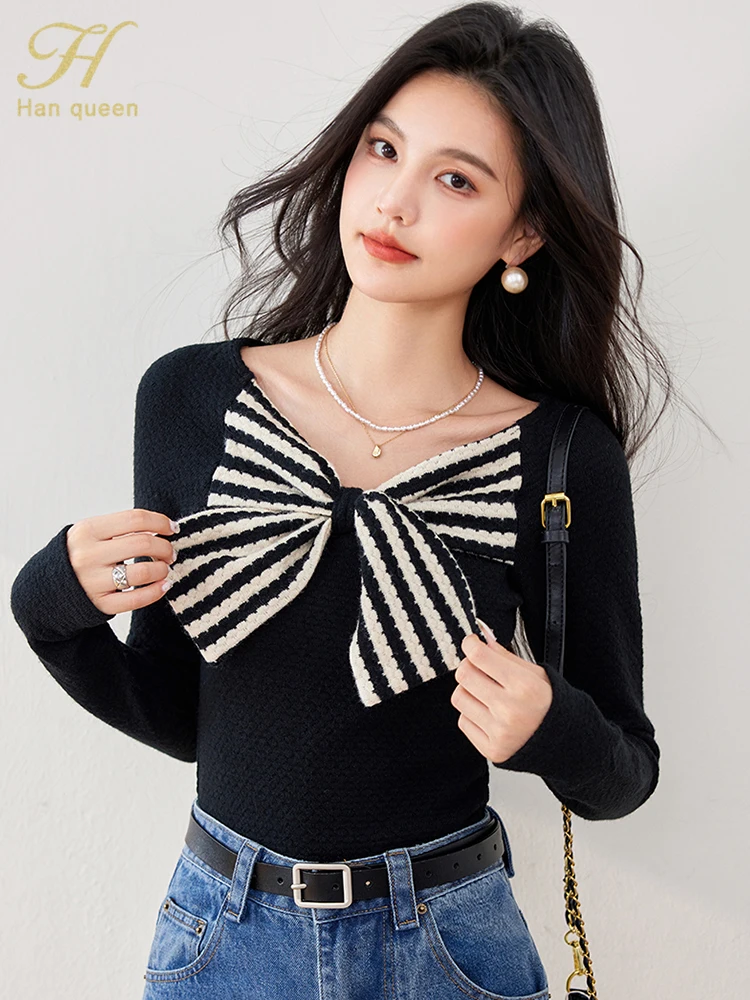 H Han Queen 2024 Autumn Tee Elegant Long Sleeve Tops Women's Clothing Korean Fashion Bow Simple Basic Casual Vintage T-Shirts