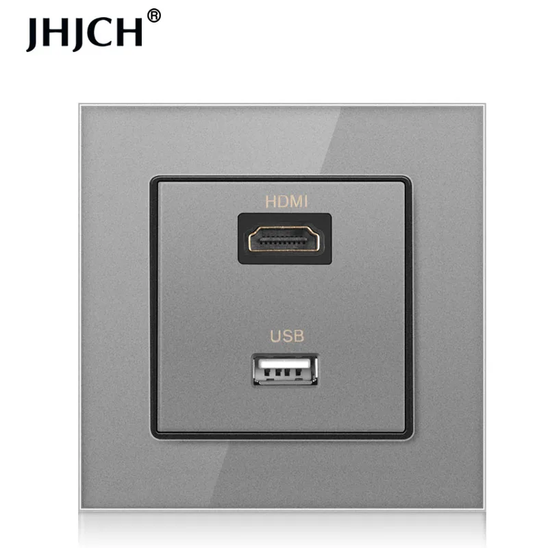 JHJCH hdmi compatible crystal tempered glass panel with 2.0 USB port 2.0 jack wall socket