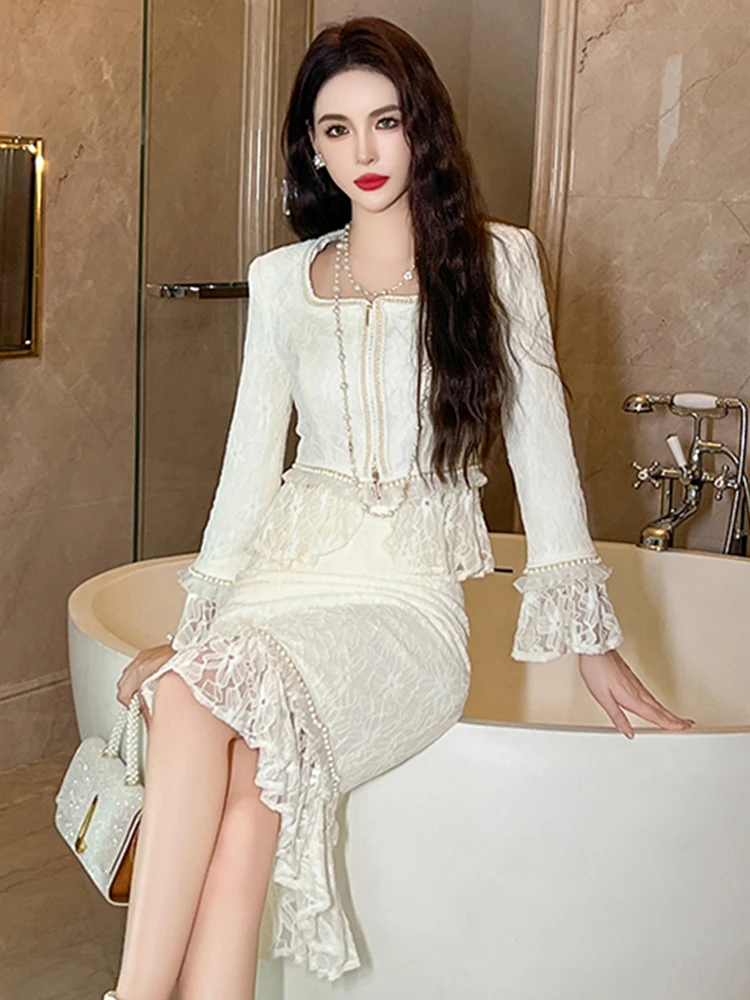 Mode dames dentelle luxe doux 2 pièces tenue femmes vêtements élégant bureau hauts chemise chemisier et jupe portefeuille hanche Mujer mince ensemble