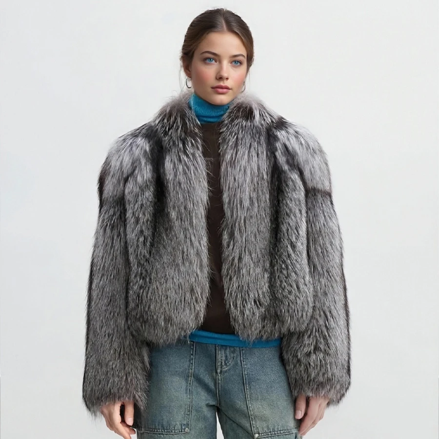 معطف فرو الثعلب الحقيقي للنساء معاطف فرو الثعلب الفضي الطبيعي بالكامل مع ياقة من الفرو الجلدي ملابس خارجية من الفرو الأصلي عالي الجودة