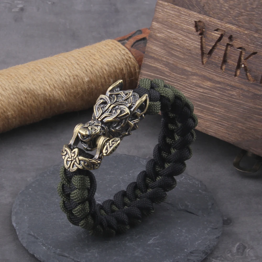 

Never Fade Rock Viking Wolf Bracelet Men's handmade cord Wolf Bead Punk Bracelets Biker Jewelry