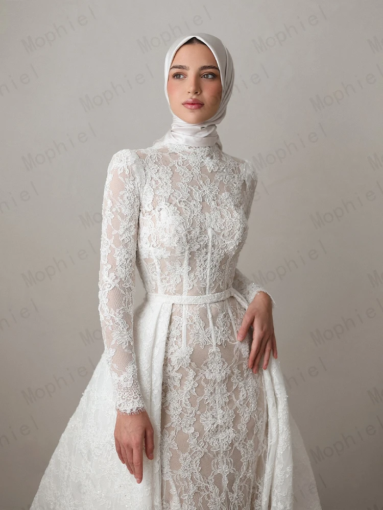 Muslim Wedding Dresses 2 in 1 Detachable Train Long Sleeve Lace Bride Dress Sweep Train Mermaid Church Bridal Gown Customized