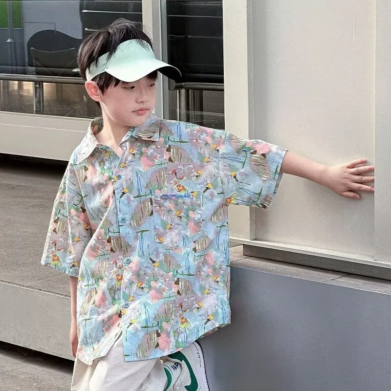 

Children's Clothing Boys' Shirts Short Sleeves Fashion New Summer Thin Flower Shirts Handsome Boys Tops