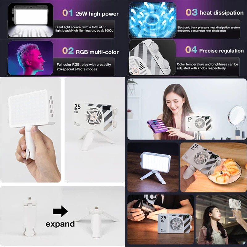 25W światła RGB Mini ręczna lampa kieszonkowa lampa fotograficzna wideo światło wypełniające oświetlenie fotograficzne do ściemniania 2500-9000 Tiktok YouTube