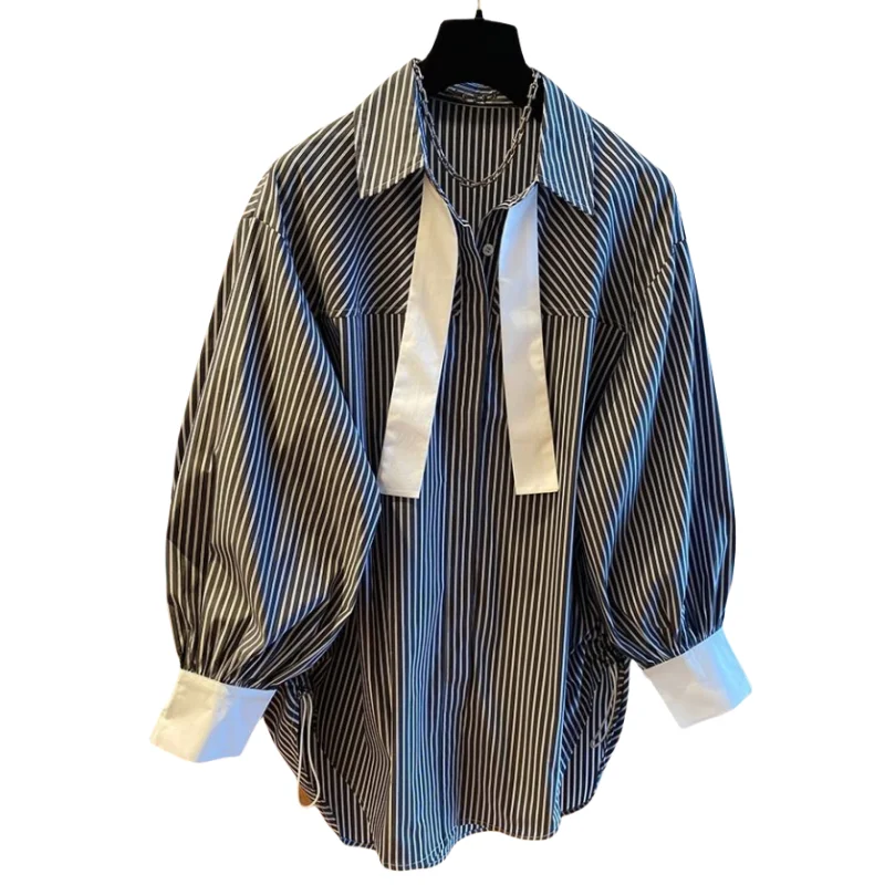 Design Sense Niche Blue Striped Shirt Women Casual Oversized Shirts Korean Style Fashion Button Up Long Sleeve Tops Loose Shirt