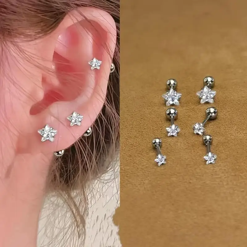3pairs 4/5/6mm Elegant Minimalist Stainless Steel Star Ear Cartilage Studs Five-Pointed Star Screw Earrings Ear Piercing Jewelry
