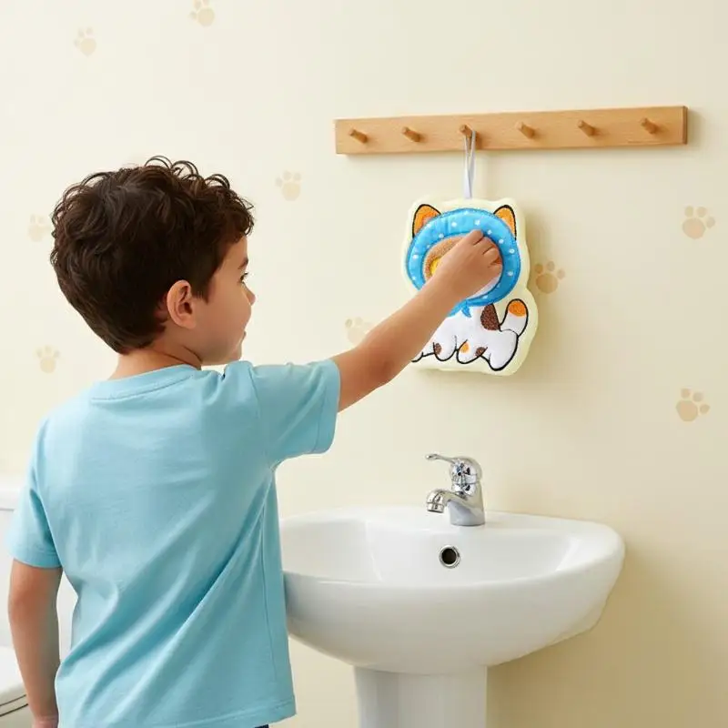 

1Pcs Cute Cat Hanging Towel Kitchen Hand Towel Bathroom Soft Absorbent Handkerchief Wipe Towel Cartoon Kids Towels