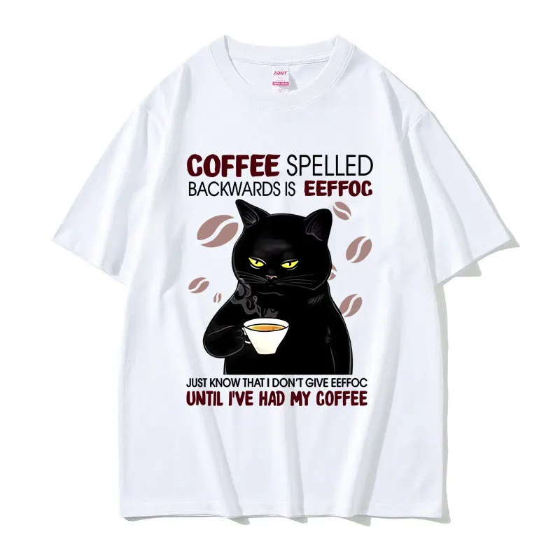 Coffee Spelled Backwards Cat Funny Meme T-shirt Men Women Fashion Humor Oversized T Shirts Male Casual Cotton Crewneck T-shirts
