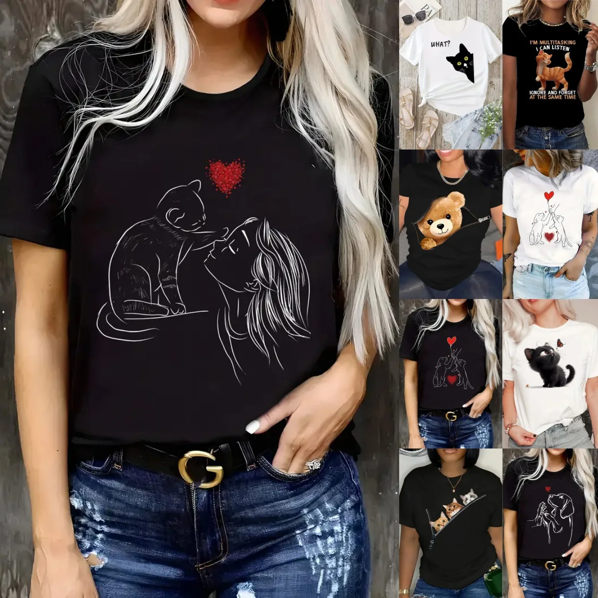 

Cotton 100% Hot-selling Women's Short-sleeved European and American Animal Print Round-neck Women's Top Aesthetic Clothes