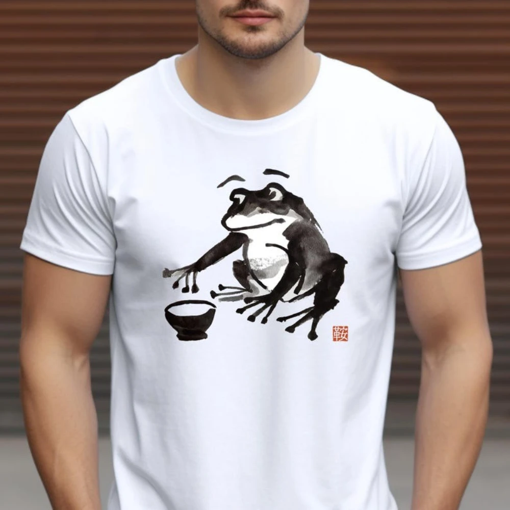 اليابانية الحبر اللوحة ساكي الضفدع تي شيرت امرأة رجل عالية الجودة القطن الجرافيك تي شيرت خمر بسيط الشارع الشهير Ropa Hombre