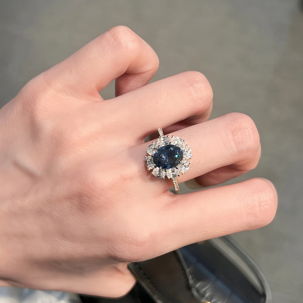 2CT Oval Cut Sunflower Moissanite Ring Surrounded by Zircon Colored Diamond Wedding Ring Women's S925 Silver with Certificate