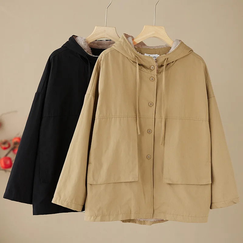 

Плюшевая теплая куртка с капюшоном для женщин, новинка 2023 года, осень-зима, с длинными рукавами и карманами, свободная рабочая одежда, пальто, женская одежда