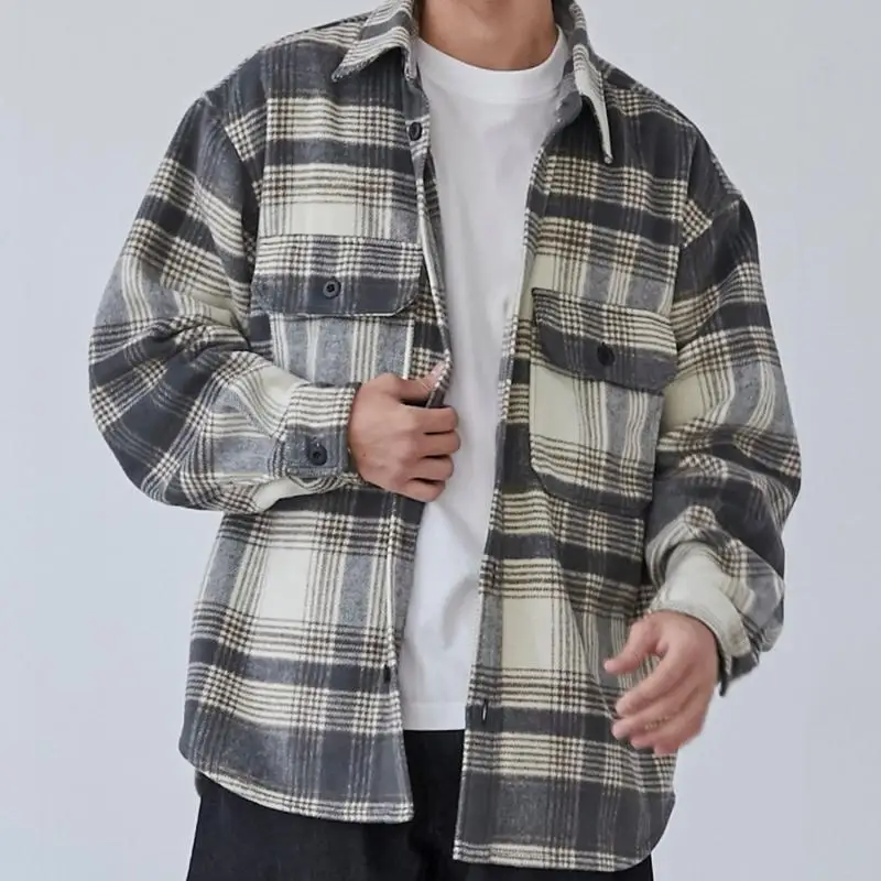 Retro Oversize Plaid Flannel Shirt Jacket Thick Long Sleeve Youth Fashion Polyester Fiber Warm Winter Outerwear for Men And W...