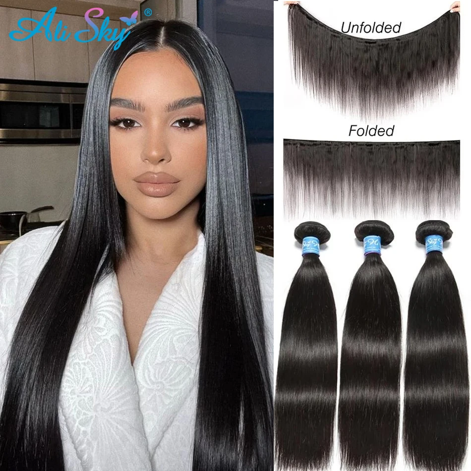 30inch Bone Straight Hair Remy Hair Bundles Brazilian Hair Weaves 100% Human Hair Extensions 1/3/4 Piece Natural Black Ali Sky