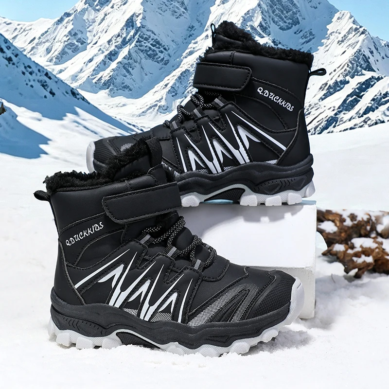 Kids Winter Snow Boots Boys Girls Hiking Shoes Hook&Loop Warm Fur Lined Non-Slip Waterproof Anti-Collision Silver Outdoor Shoes