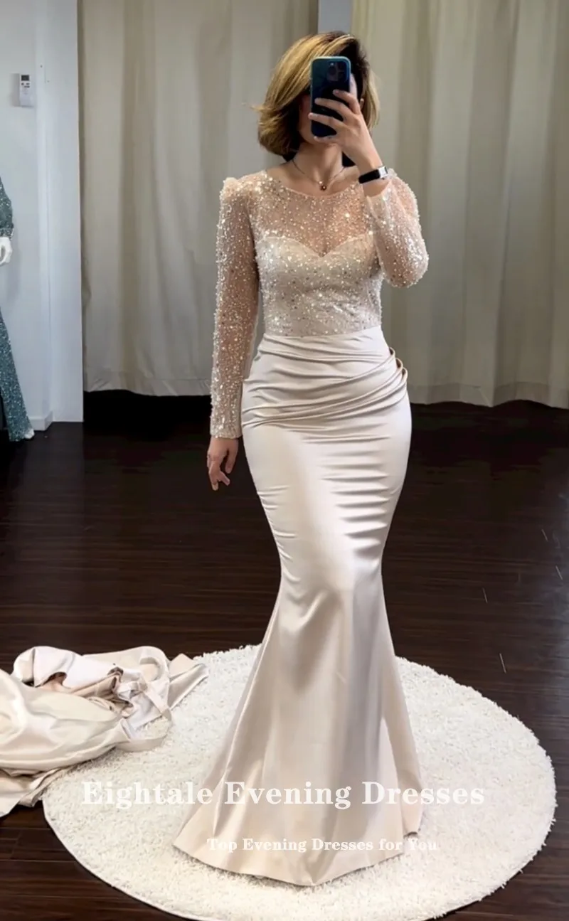 Eightale Luxury Evening Dresses for Women 2023 with Detachable Skirt Shiny Champagne Long Sleeves Satin Mermaid Party Prom Gown