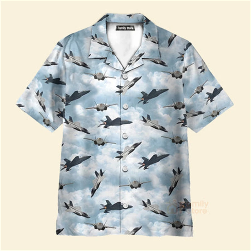 Camicia da spiaggia hawaiana da uomo, stampa 3D Sky Aircraft, moda di strada, top con risvolto con bottoni Hawaii, camicia da spiaggia Aloha per l'aviazione estiva