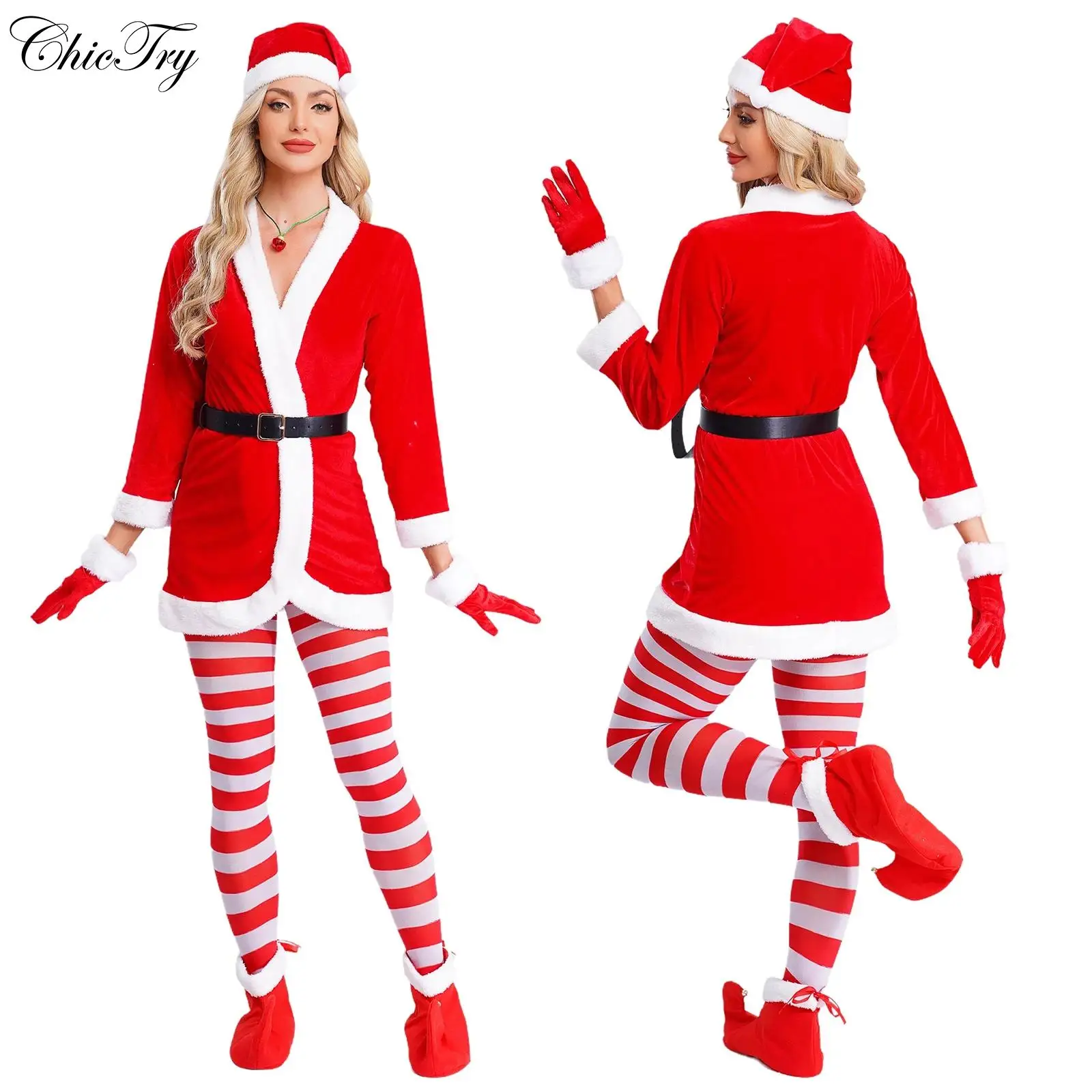 

Womens Mrs Santa Claus Outfits Long Sleeve Robe Waist Belt Striped Pantyhose Hat Gloves Shoes Bell Necklace Christmas Xmas Party
