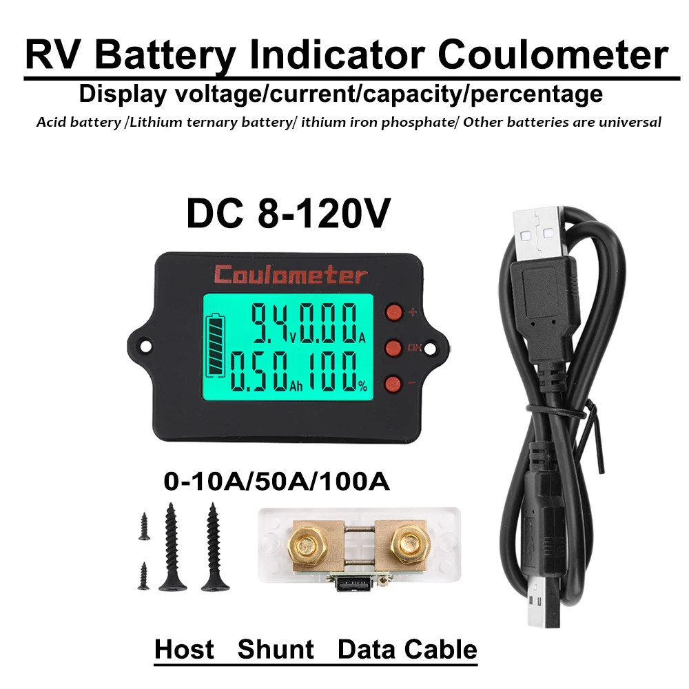 DC 8~120V PZEM-037 Battery Indicator Coulometer Voltmeter Ammeter Acid/Lithium/Lithium Iron Battery Tester 10A/50A/100A Shunt