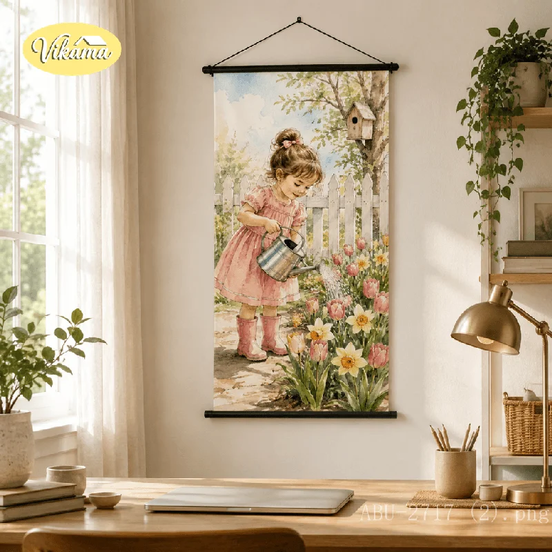VIKAMA Vertical Watercolor Hanging Scroll Little Girl Watering Tulip Garden Canvas Poster Wall Hanging Nursery Room Decor