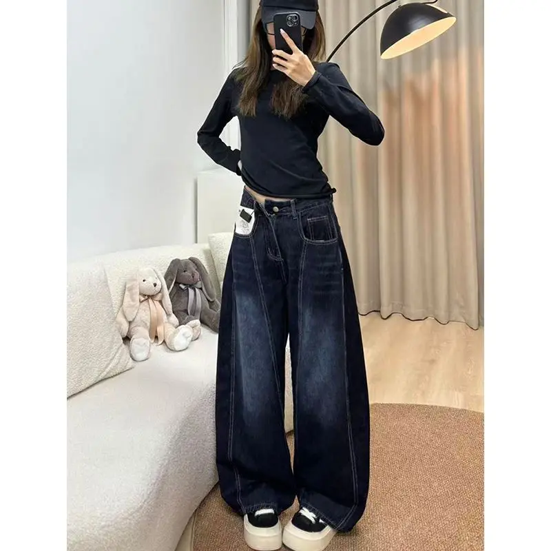 

Американский дизайн, вышитые винтажные широкие джинсы из денима для женщин, свободные, новые, стройнящие, в пол, повседневные, из хлопка и полиэстера