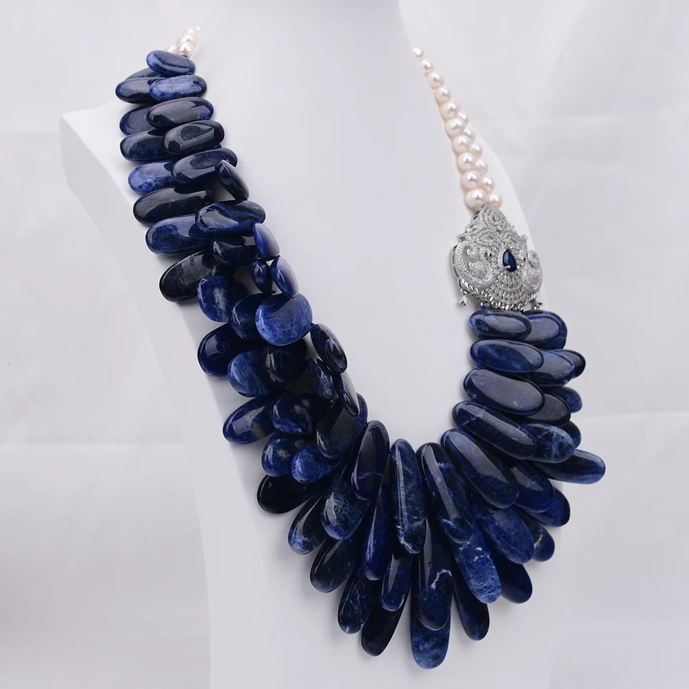 G-G 3 Strands Heavy Jewelry Cultured White Pearl Natural Blue Sodalite Top Drilled Stone Necklace Cz Connector
