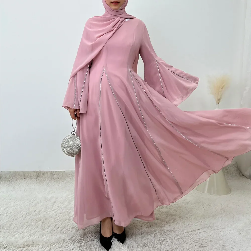 

Diamonds Chiffon Prom Dresses Hijab for Elegant Women Long Sleeve Floor Length Abayas A Line Muslim Evening Party Gown Vestidos