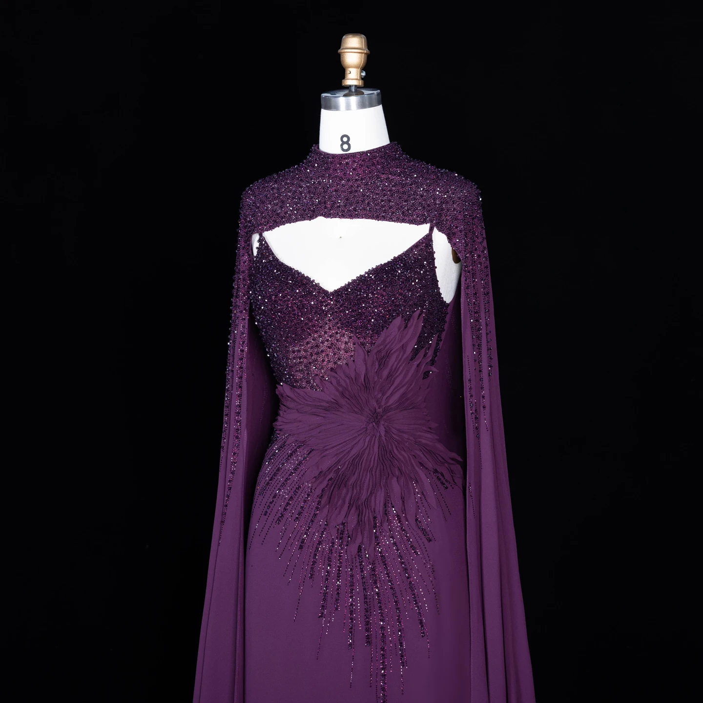 Sharon Said Abendkleider Luxuriöse Meerjungfrauen-Kleider mit V-Ausschnitt, Chiffon, Kristallen, Arabisch, Dubai, formelle Partykleider mit Umhang SS074 Maßanfertigung – Detail 16