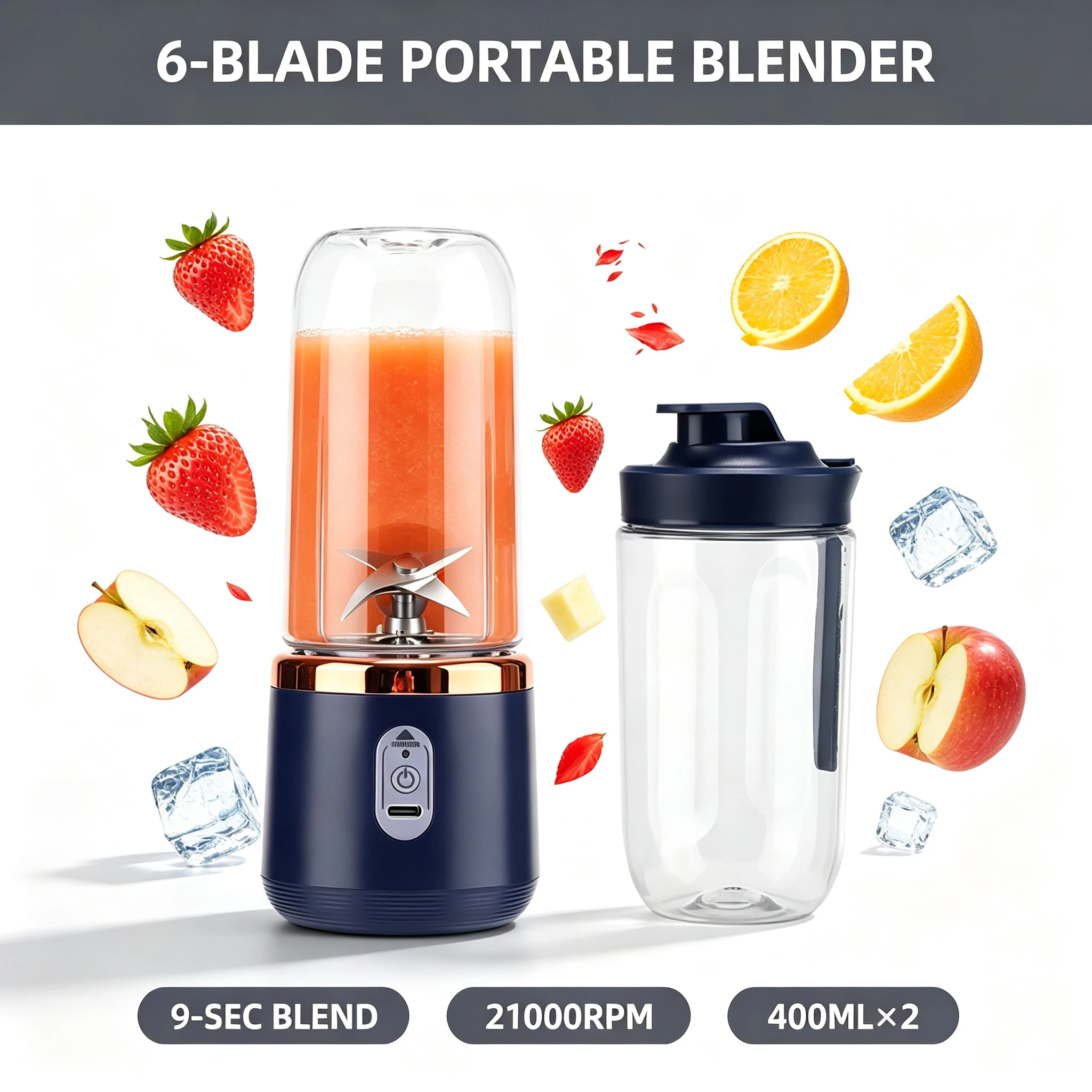 Portable Blender USB Rechargeable Juicer Cup 400ml 6 Blade 21000RPM 40W Smoothie Maker for Travel Home Office Gym