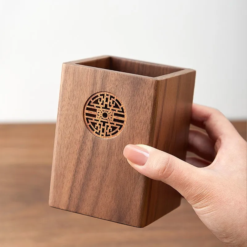 1pcs Solid Wood Multifunctional Pen Holder - Retro Desktop Organizer with Engraving Office Storage Box for Pencils Phone Stand