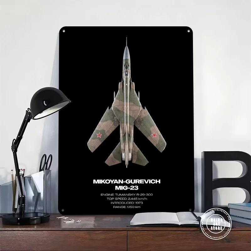 Mikoyan-Gurevich MiG-23 Fighter Jet 3D Printed Texture Poster Personalized Wall Art Retro Metal Tin Signs for Decoration Room