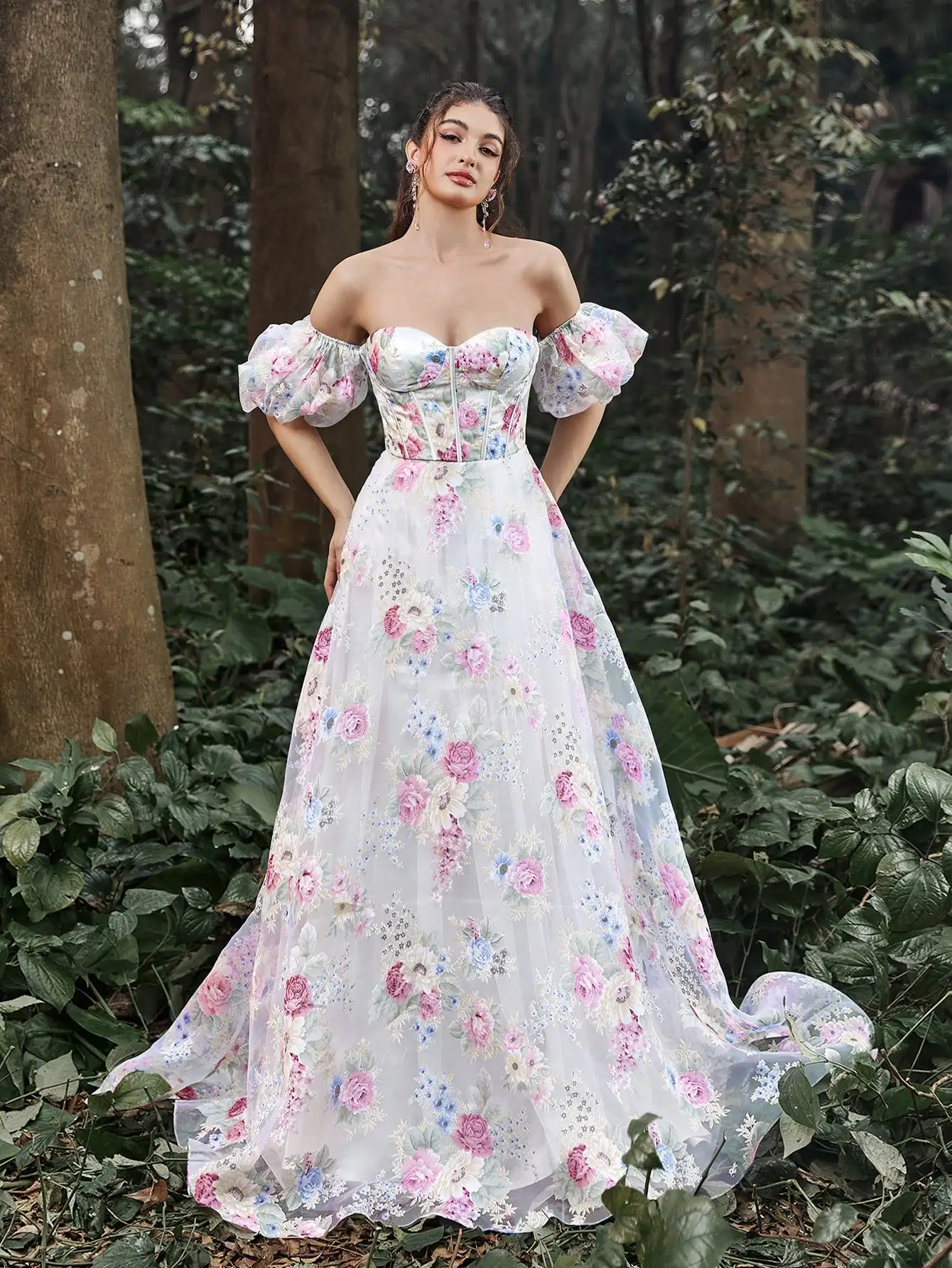 Robe de Bal Élégante en Organza à Manches Bouffantes, Imprimé Floral