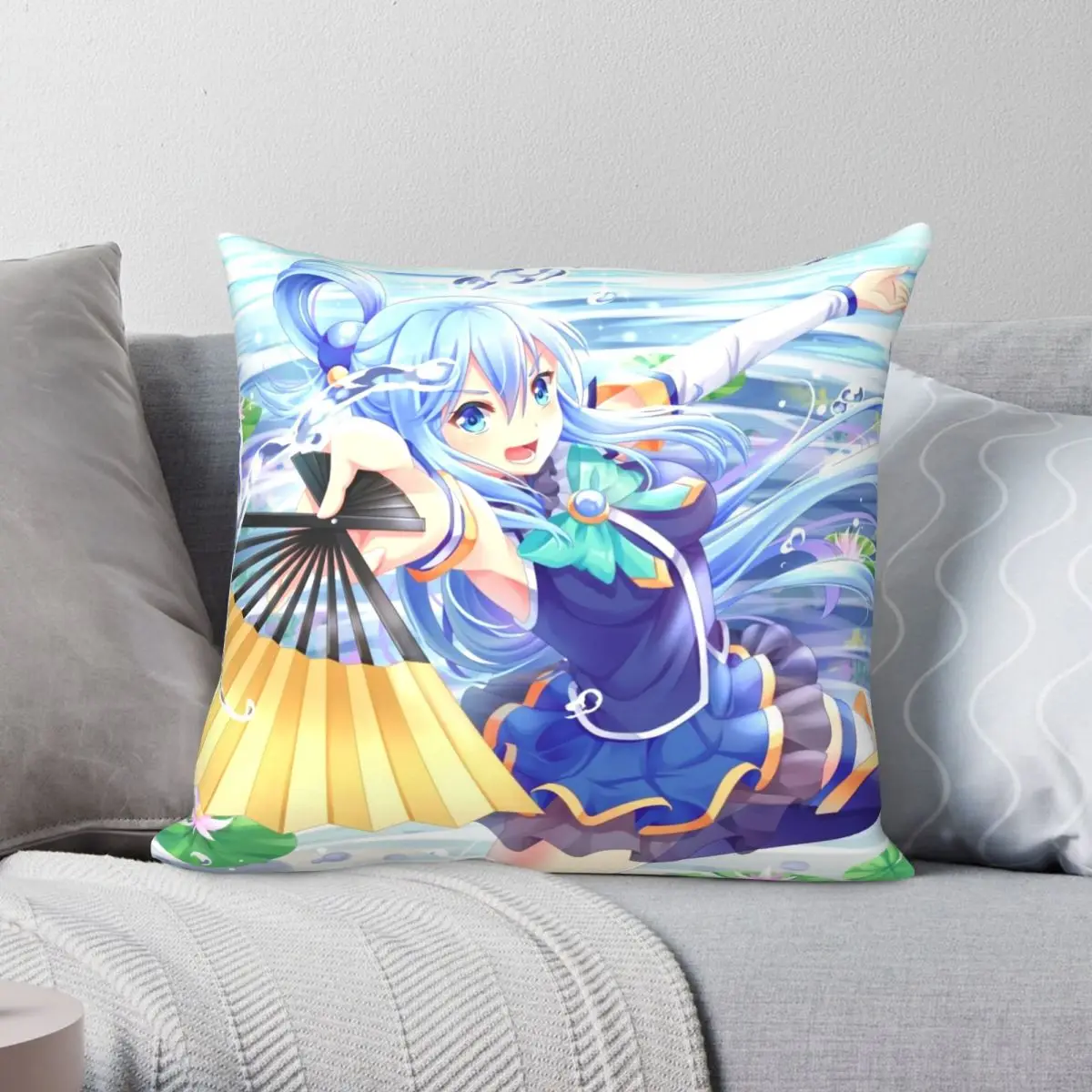 Konosuba Aqua Square Pillowcase Polyester Linen Velvet Printed Zip Decor Pillow Case Bed Cushion Case 45x45