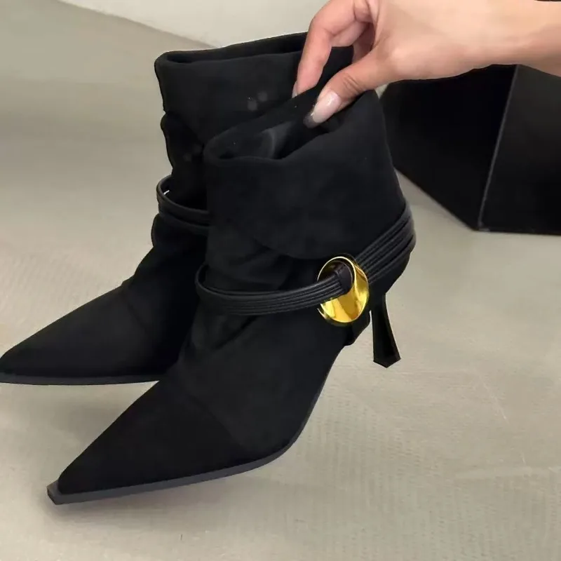

Sexy Women Ankle Boots Pleated Pointed Toe High Heels Shoes Suede New 2025 Designer Winter Chelsea Boots Fashion Pumps Zapatos