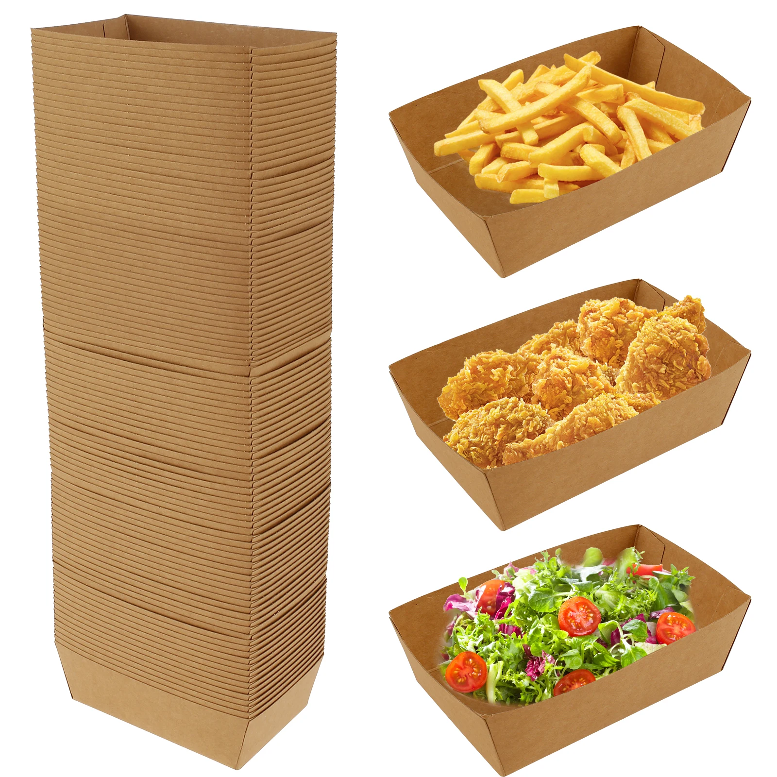 

100Pcs Brown Paper Food Boxes Oil Proof Paper Food Boat Recyclable Paper Food Tray Boat Shape Take Out Food Trays Paper Food Box