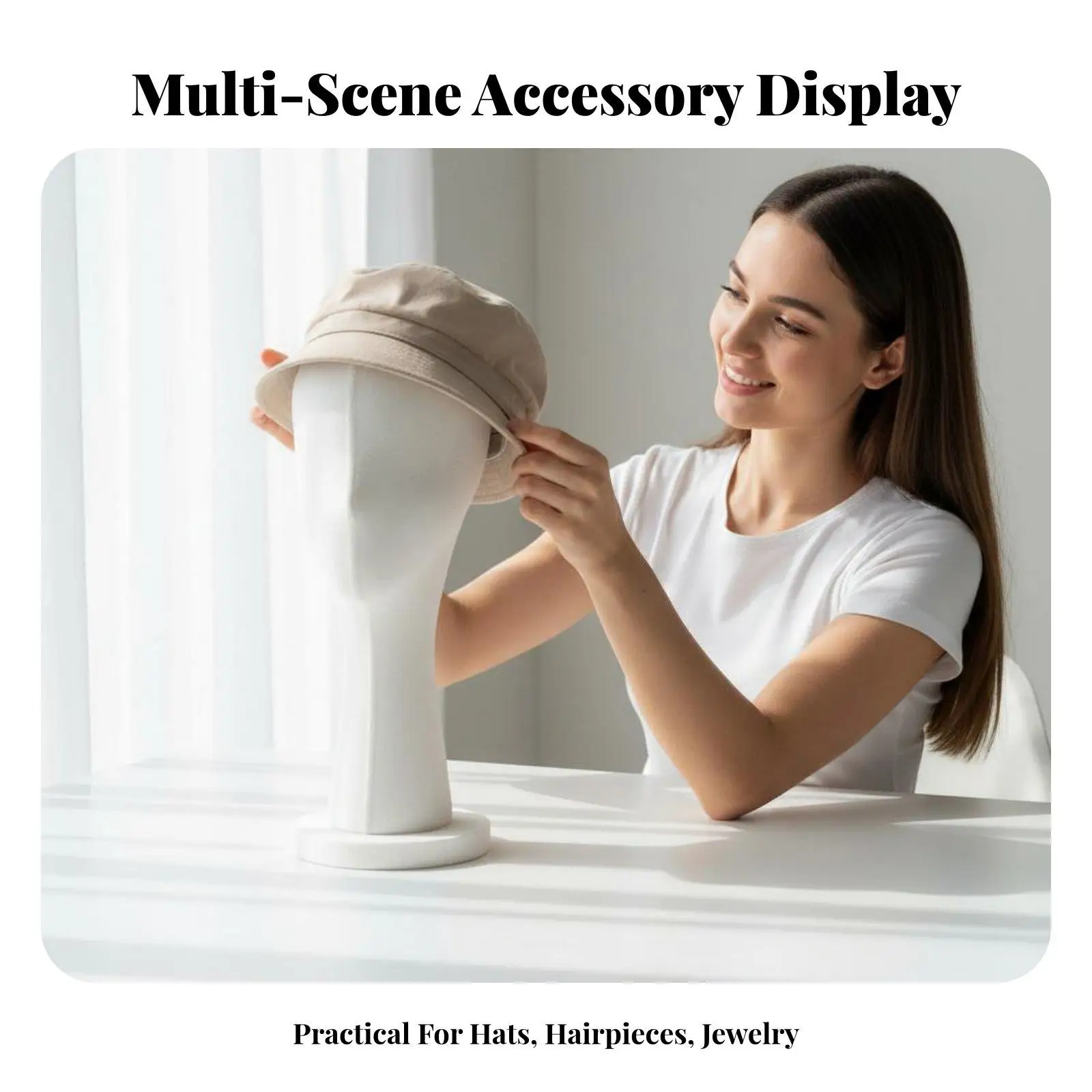 Textile Finish Female Mannequin Head with Gold Base for Wig Hat Headband Jewelry Retail Display