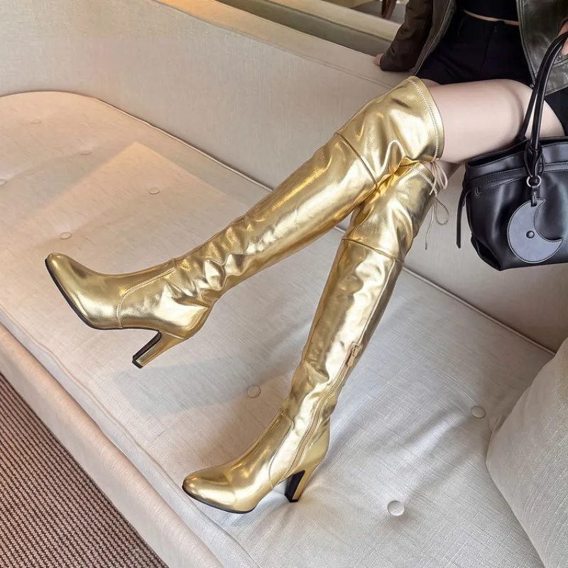 Sexy Thigh High Long Boots for Women Metallic Patent Leather Thin Heels Over The Knee Stretch Booties Concert Disco Shoes