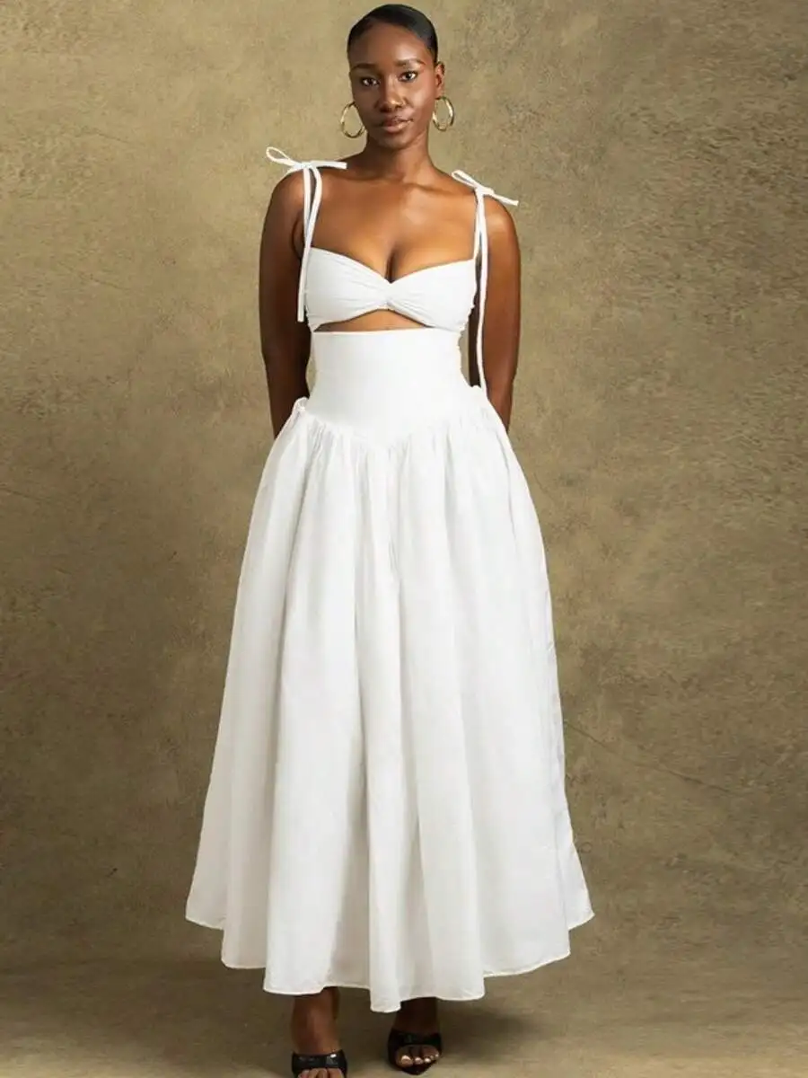 

Elegant Solid Sleeveless Maxi Dress With Off-Shoulder Spaghetti Straps And Dramatic A-Line Skirt