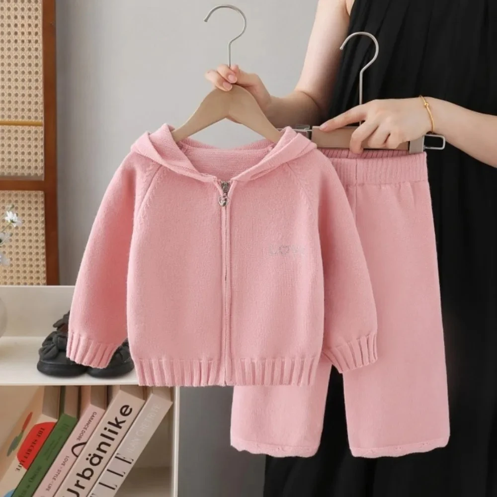

Autumn Winter New Solid Color Fashion Casual Girls Clothes Children's Set Knitted Hooded Sweatshirt Pants 2-piece