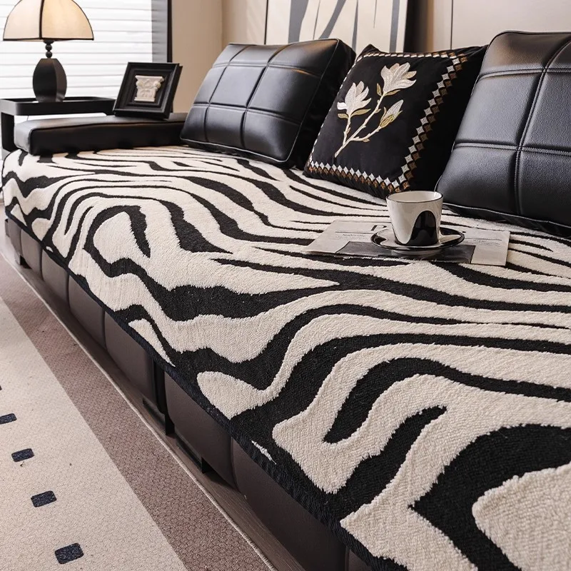 1pc Zebra Stripes Jacquard Fleece Sofa Cover, Retro Modern Couch with Anti-Slip Backing Plush Fleece Easy-care Sofa Towel