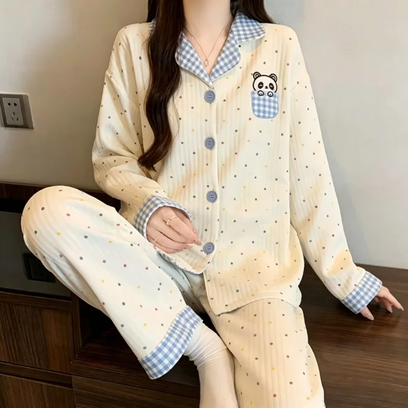 Dot Embroidery Panda Cute Homewear Two Piece New 2026 Autumn Winter Casual Women's Pajamas Set Lapel Neck Soft Basic Loungewear