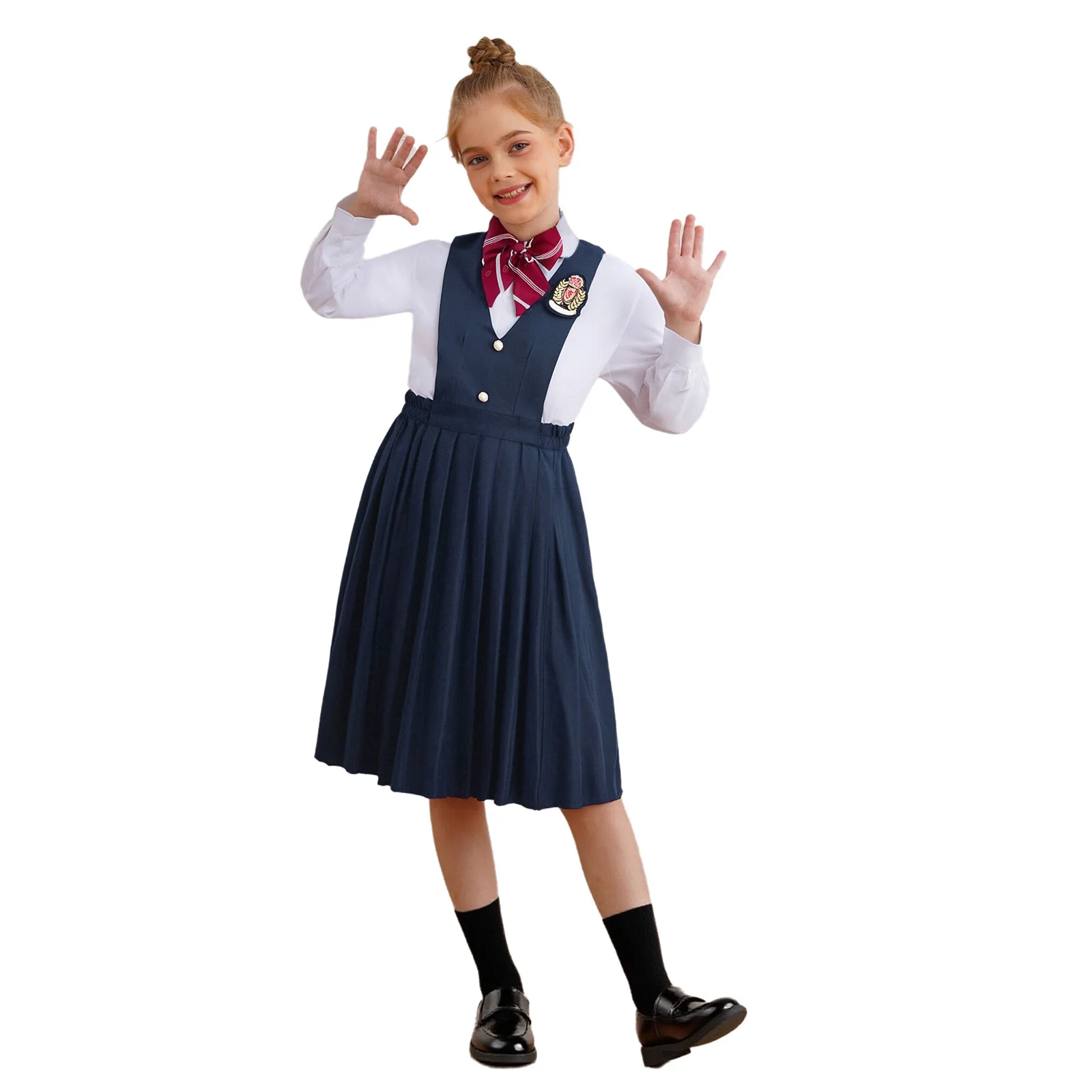 

Kids Girls Dress School Uniform Chorus Performance Outfit Long Sleeve Shirt+Sleeveless Pleated Overall Dress+Bowtie+Socks+Badge