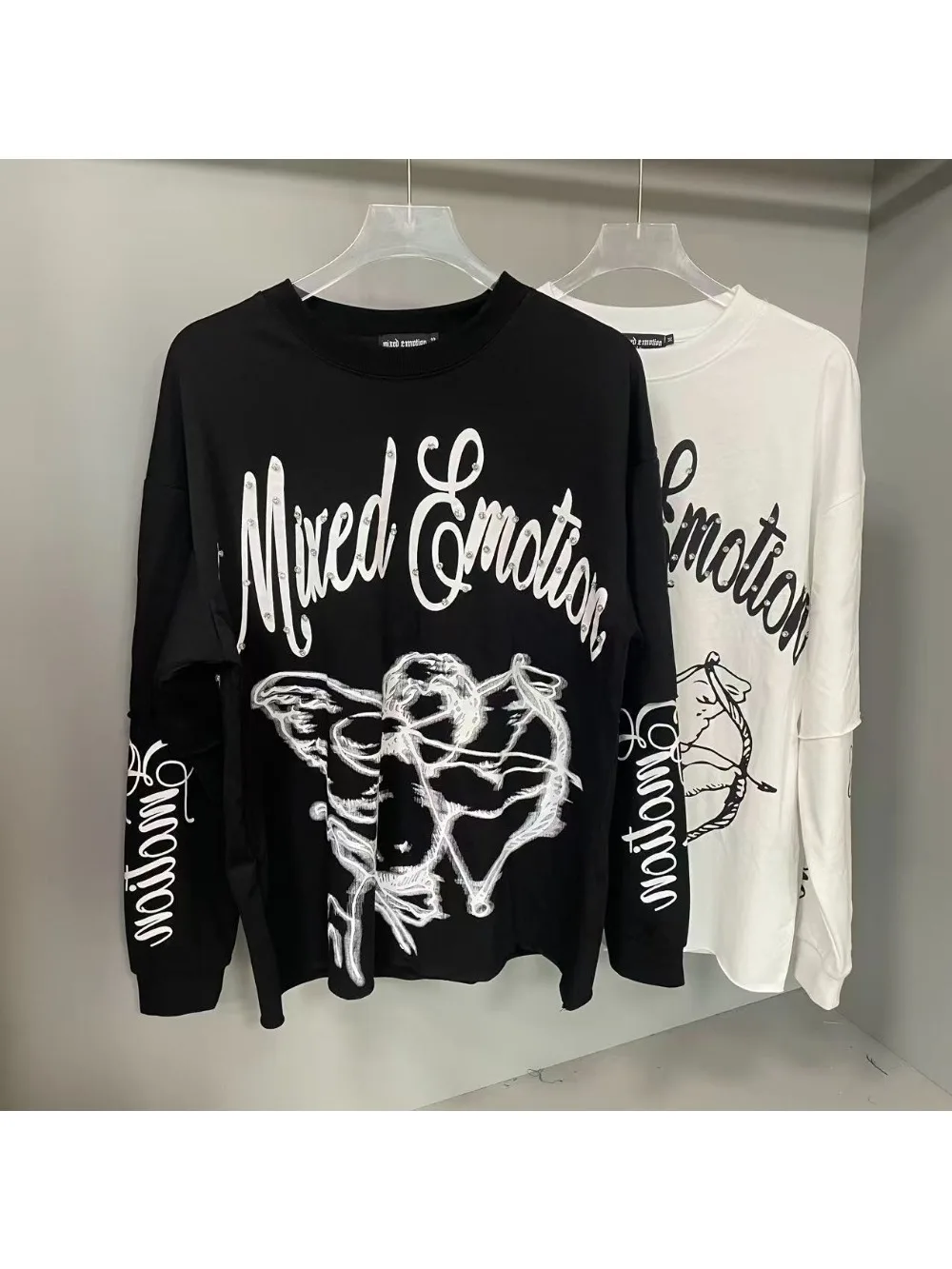 High Quality Designer MIXED-EMOTION Long sleeved T-shirt 100% cotton men's and women's Vintage Printed and hotfix rhinestone High Street Trendy Fashion Hip Hop T-shirt hoodie sweatshirt Pullover